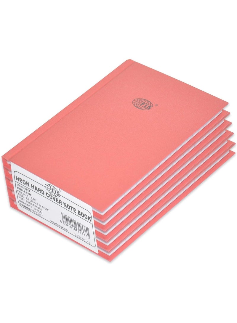 FIS 5-Piece Neon Hard Cover Note Book, 100 Sheets, Single Line, A6 Size, Red Colour - FSNBA6N250 - Image 1